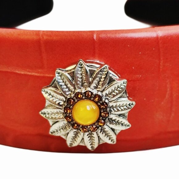 Interchangeable Sunflower Snap Charm Vegan Leather Headband in Red - Picture 2 of 4